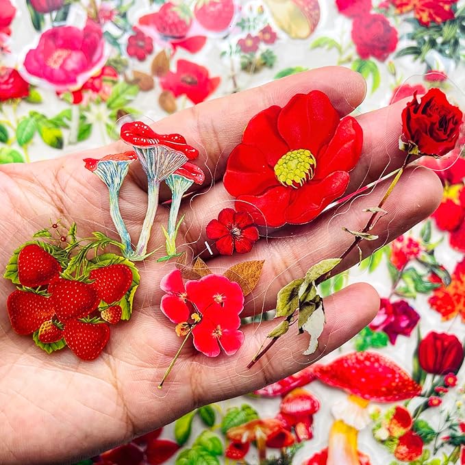 100 PCS Red Botanical Flower Stickers – Vintage Clear Scrapbooking Stickers for Journaling, Bullet Diary, Resin Crafts, Planner, Card Making – Aesthetic Red Floral Mushroom Fruit