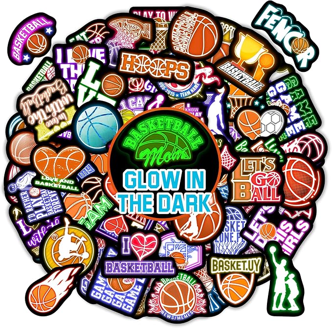 70 PCS Neon Basketball Water Bottle Stickers for Kids, Glow in The Dark Vinyl Decals for Laptop Skateboard Phone Case, Teens Adults Boys Girls Colorful Sports Decor
