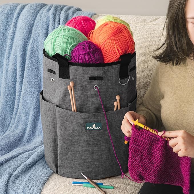 PAVILIA Crochet Bag Knitting Bag Organizer, Yarn Bag Storage Tote for Crocheting On The Go, Knitting Accessories Supplies Holder with Grommets, Gift for Crochet Lovers Knitters (Charcoal Gray)