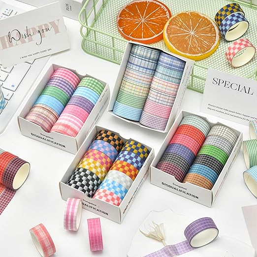 12 Rolls Grid Washi Tape Set Plaid Arts Adhesive Tapes Basic Patterns Decorative Masking Tape Sets for Craft, Kids, Scrapbook, DIY, Gift Wrapping (Style Two)