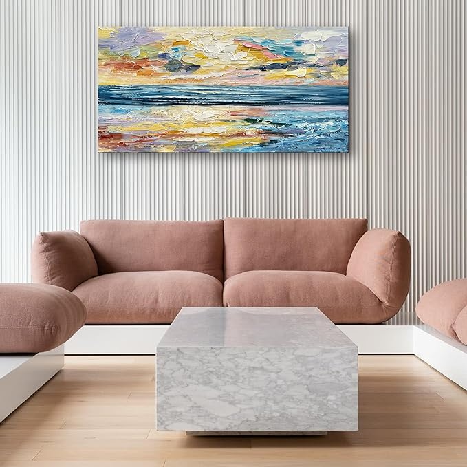Art Hand Painted Ocean Landscape Oil Painting Sea Sunset Landscape Modern Abstract Art Home Wall Decoration 24x48 Inches