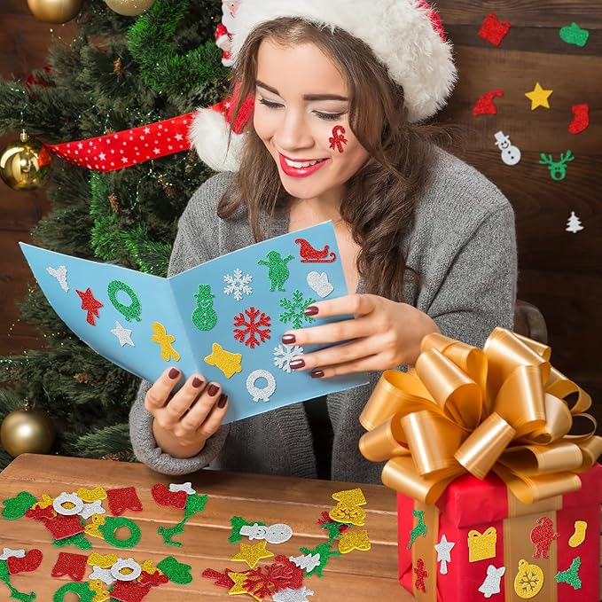300 Pcs Christmas Foam Stickers Bulk, Self-Adhesive Christmas Stickers DIY Craft, Glitter Santa Claus Snowman Snowflake Pattern, Xmas Party Favors Winter Holiday Decorations