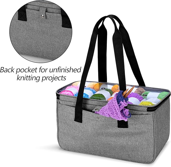 Yarwo Knitting Yarn Bag, Crochet Tote with Pocket for WIP projects, Knitting Needles(Up to 14”) and Skeins of Yarn, Gray with Grid (Bag Only)