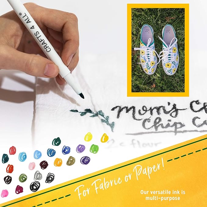 Crafts 4 All Fabric Pens for Clothes - Pack of 24 No Fade, Fabric Markers Permanent for Textile - No Bleed, Machine Washable Shoe Markers for Fabric Decorating - Laundry Marker, Erases Stains Easily