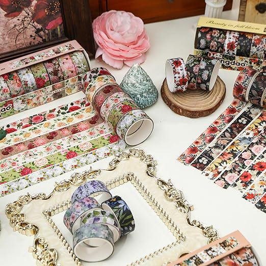 10 Rolls Blooming Flowers Washi Tape Set Floral Arts Adhesive Tapes Colorful Garden Decorative Masking Tape Sets for Craft, Kids, Scrapbook, DIY, Gift Wrapping (3-Blooms)