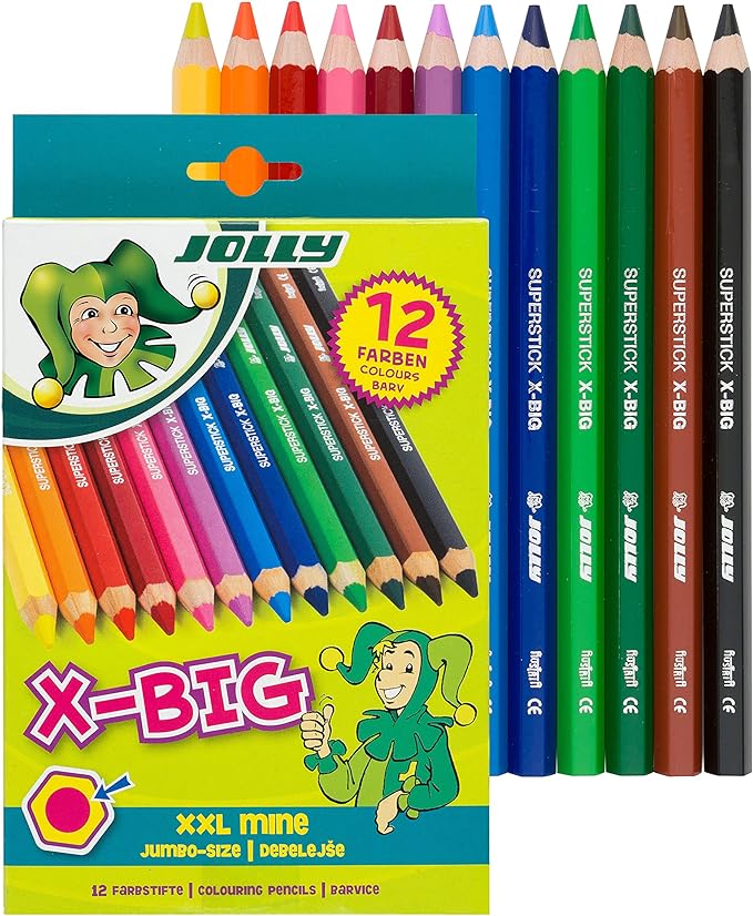 Jolly X-Big Jumbo Colored Pencils; Set of 12, Perfect for Special Needs, Art Therapy, Pre-School and Early Learners, Multicolor (3099-0001)
