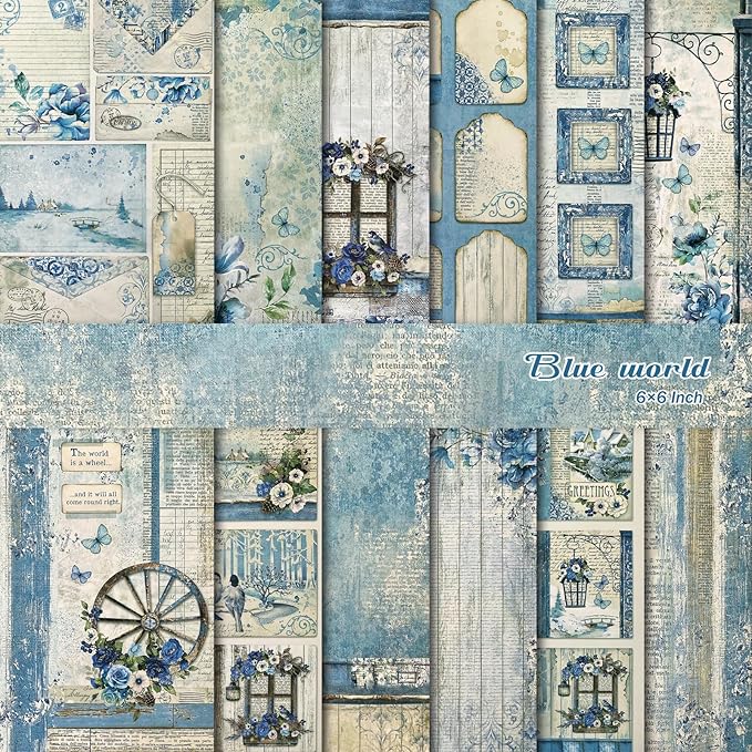 Scrapbook Paper,24 Sheets 5.8x5.8 Inch Vintage Bule Style Scrapbook Supplies,Single-Sided Vivid Origami Decoupage Paper for DIY Crafts, Card Making, Art Journaling