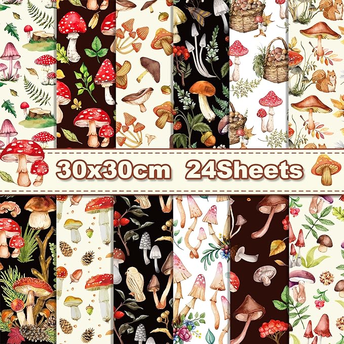 24 Sheets Mushroom Scrapbook Paper Pad Double-Sided Vintage Mushroom Squirrel Plants Moth Patterned Decorative Craft Paper for Card Making Photo Album Journal DIY Craft, 11.8'' x 11.8''