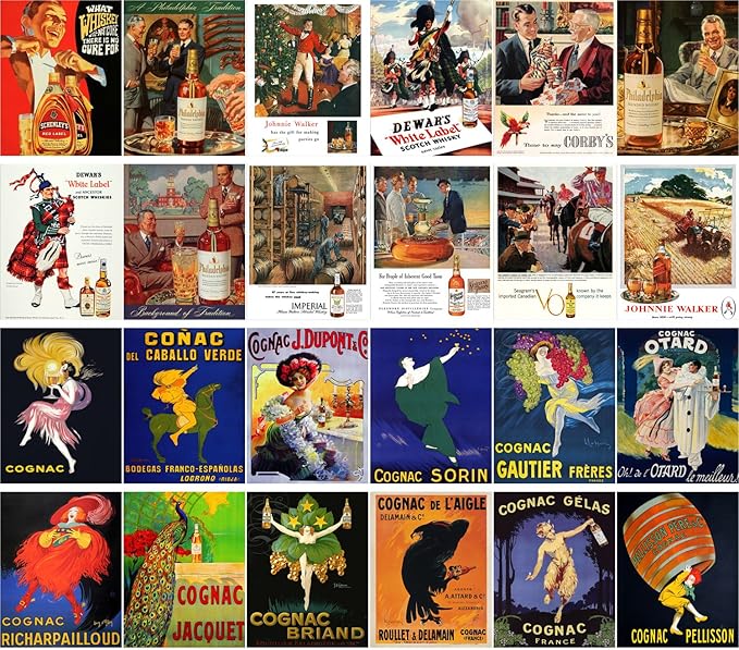 Large Stickers (24 pcs 2.5"x3.5") Whiskey and Cognac Ads Posters Vintage Adverts