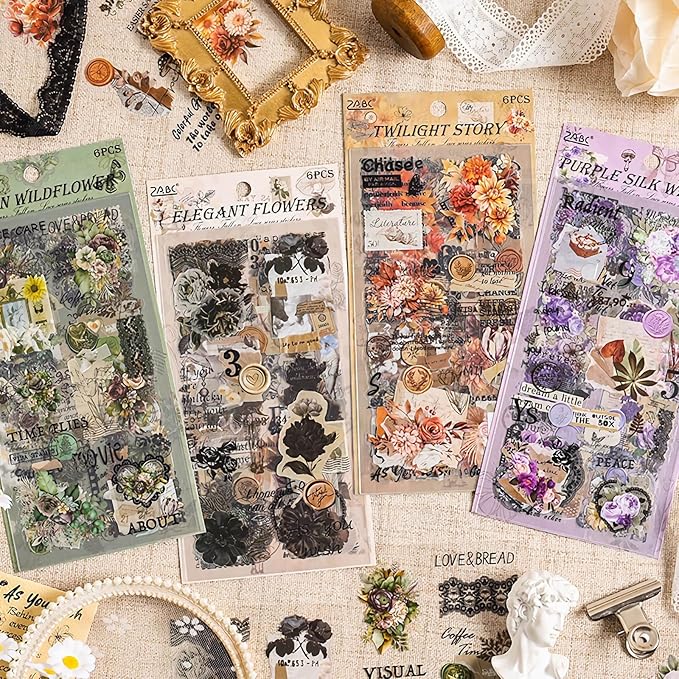 309 Pcs/24 Sheets Stickers for Scrapbooking,Scrapbook Flower Stickers for Scrapbooking Art Journal Bullet Journal Accessories