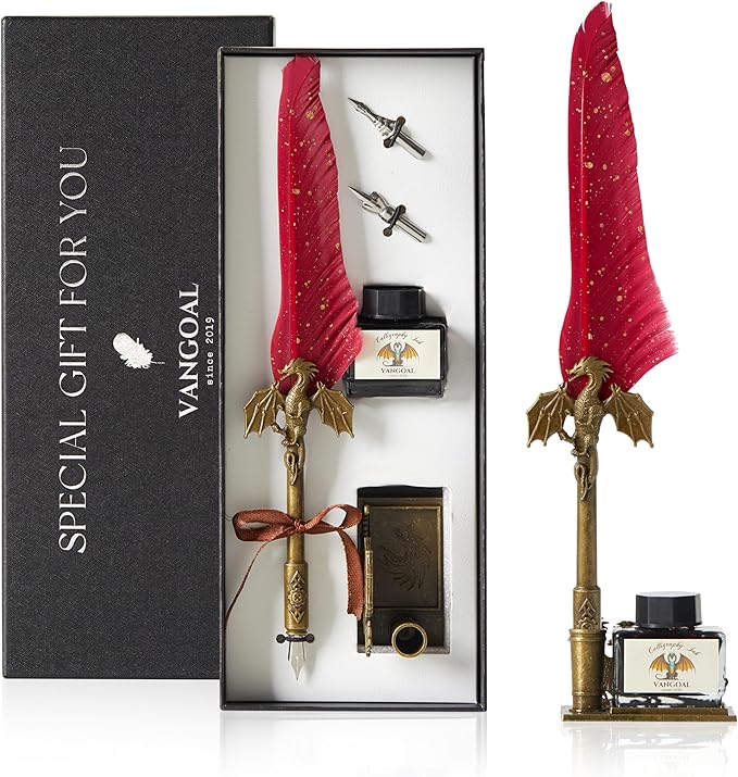 VANGOAL Dragon Quill Pen and Ink Set, Dragon Feather Pen with Novelty Base, Calligraphy Pen Gift Set for Writing, Drawing, Desktop Decoration - Red
