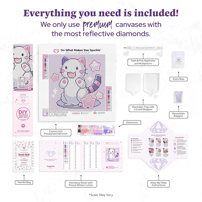 DIAMOND ART CLUB Candi Cat Diamond Painting Kit, Fun DIY Crafts for Adults, Round Diamond Art Canvas, 9" x 9"