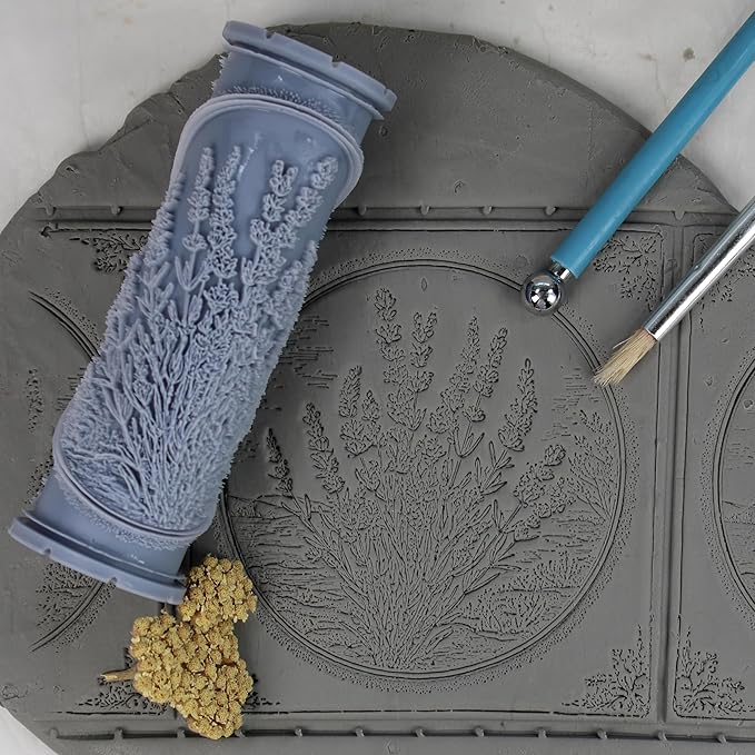 Lavender Clay Texture Roller (4") - Flower Set #02 - Embossing Pattern Roller for Polymer & Ceramic Clay, Pottery & Crafts