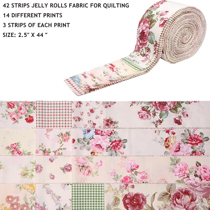 Jelly Rolls for Quilting Clearance 42 Strip 2.5" x 44" - Cotton Jelly Roll Fabric Strips for Quilting, Sewing, Blanket, Rug, Home Decor, and Purse Making, Vintage Floral