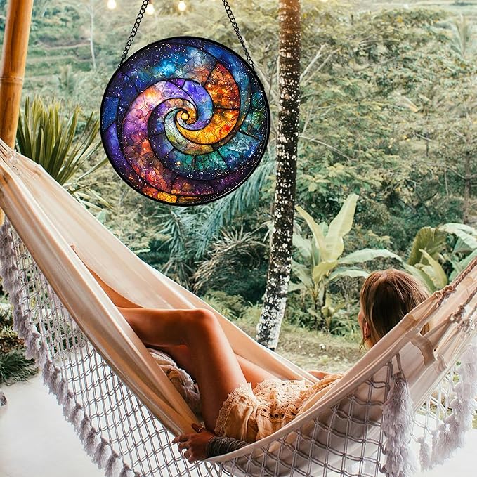 Stained Glass Window Hanging, Blue Orange Starry Sky Sun Catcher for Door Terrace Garden Home Decor, Abstract Universe Suncatcher Birthday Gifts for Lovers Women Men Dad Mom Nana 6.3 in