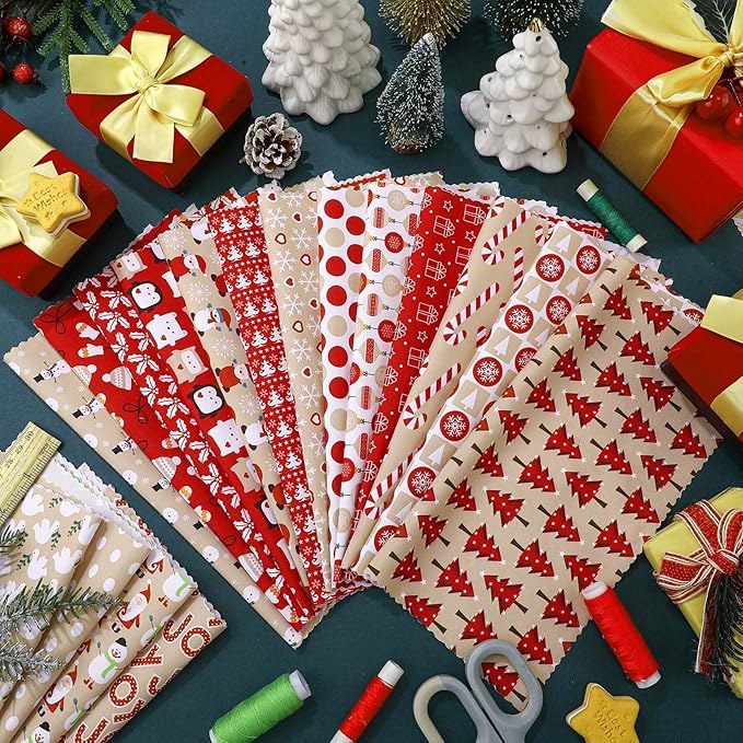 HunnmingRe 20 Pcs 10''x10'' Christmas Quilting Fabric Square Hot Cocoa Santa Candy Cane Snowman Quiltted Fabric Bundle Red Precuts Printed Patchwork Supplies for Holiday DIY Sewing Craft