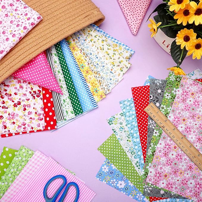 Boyiee 50 Pcs 10 x 10 Inch New Year Spring Quilting Fabric Red Pink Stripe Plaid Dot Homespun Cotton Fabric Jelly Squares Lattice Precut Quilting Strips for Sewing DIY Valentines Craft Patchwork Gifts