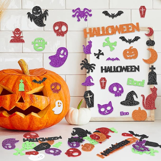300Pcs Halloween Stickers, Self-Adhesive Glitter Halloween Foam Stickers, Assorted Shape Pumpkin Spider Bat Sticker, Halloween Party Favors Bulk for DIY Crafts Home Decorations
