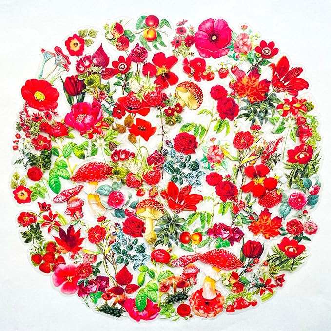 100 PCS Red Botanical Flower Stickers – Vintage Clear Scrapbooking Stickers for Journaling, Bullet Diary, Resin Crafts, Planner, Card Making – Aesthetic Red Floral Mushroom Fruit