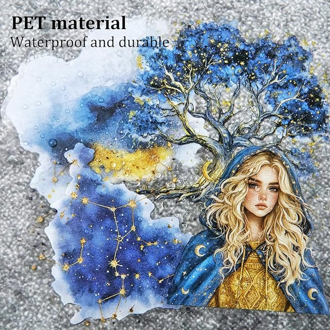 Fantasy Night Dream PET Stickers Set, 180Pcs Mystical Celestial Stickers for Journaling, Scrapbooking, DIY Crafts, Planners, and Collage Art