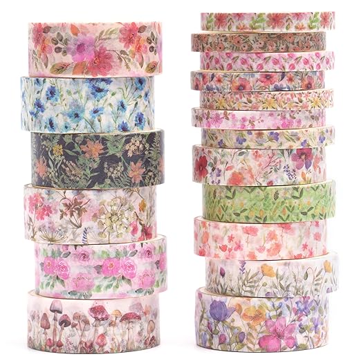 18 Rolls Seasons Flowers Washi Tape Set Floral Arts Adhesive Tapes Blooming Garden Decorative Masking Tape Sets for Craft, Kids, Scrapbook, DIY, Gift Wrapping (Spring)