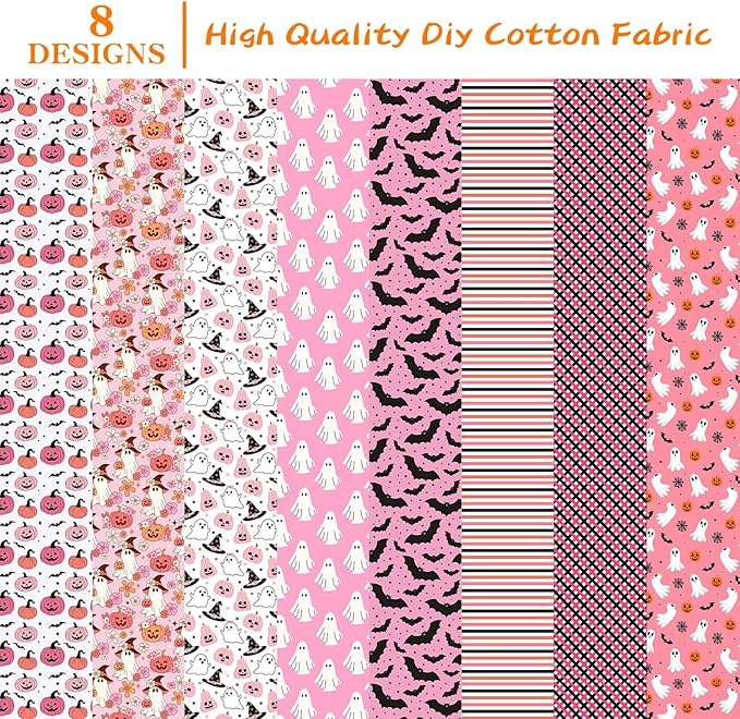 40Pcs Pink Halloween Cotton Jelly Fabric Strips Pumpkin Ghost Bat Fabric Strips for Quilting Crafting Precut Patchwork for Halloween Sewing DIY Crafts Decor