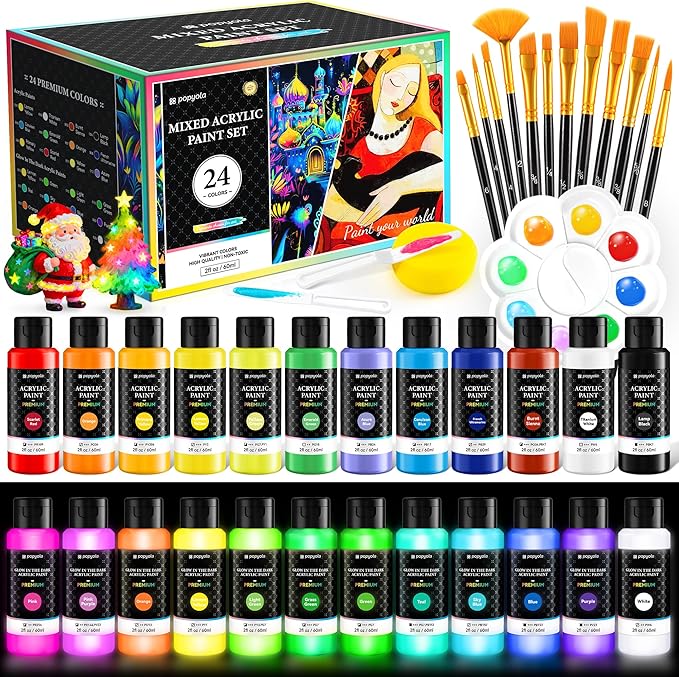 40 PCS Classic & Glow in the Dark Acrylic Paint Set with 12 Brushes, 2 Knives & Palette, 24 Colors Art Craft Paint for Beginners, Canvas Ceramic Rocks Wood Painting Kit Art Supplies