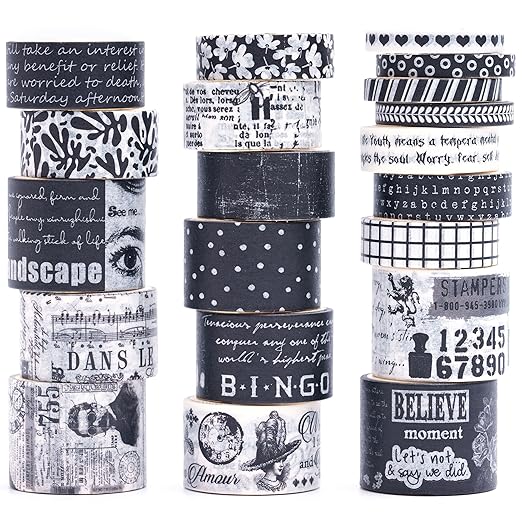 20 Rolls Vintage Washi Tape Set Retro Arts Adhesive Tapes Fleeting Monologue Decorative Masking Tape Sets for Craft, Kids, Scrapbook, DIY, Gift Wrapping (Black & White Memories)