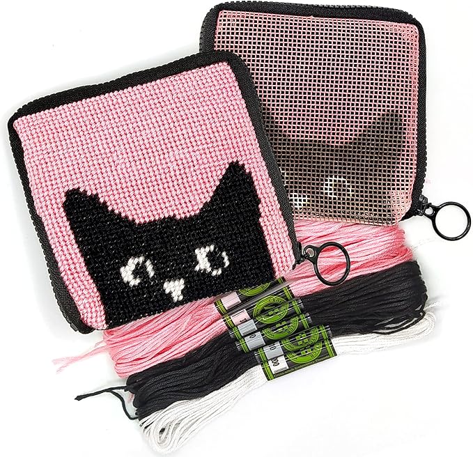 Pre Printed Needlepoint Wallet Kit for Kids Embroidery Arts and Crafts Set Cross Stitch Sewing Kit (Cat)