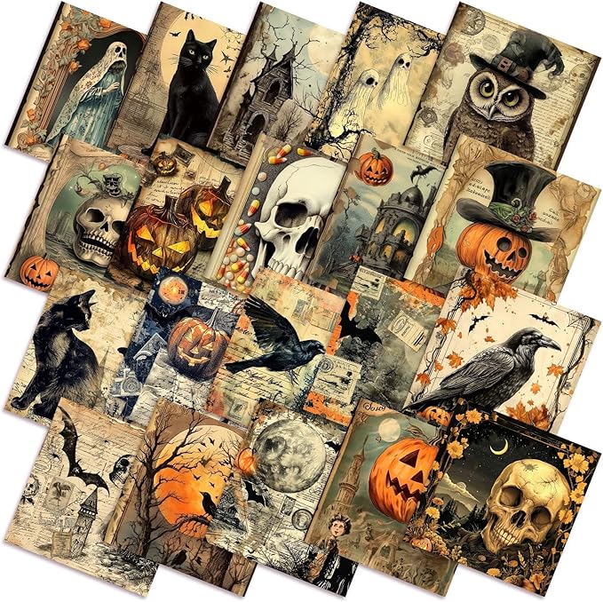 HunnmingRe 20 Pcs 10''x10'' Vintage Halloween Quilting Fabric Square Spooky Gothic Quiltted Fabric Bundle Pumpkin Skull Cat Precuts Printed Patchwork Supplies for Holiday DIY Sewing Craft