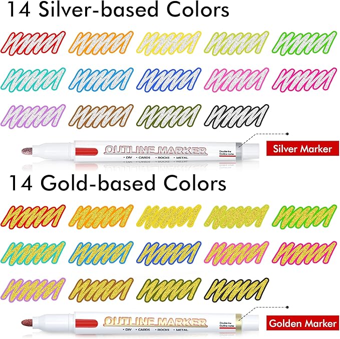 Shuttle Art 28 Pack Double Line Outline Permanent Markers, 14 Silver and 14 Gold Colors Squiggles Shimmer Markers Set, Self Outline Metallic Marker Pens for Drawing, Christmas Card, DIY Crafts
