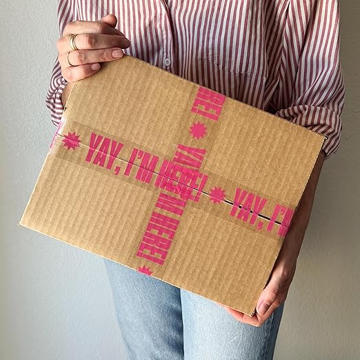 Fun Decorative Packing Tape for Small Business - Cute Designer Printed Packaging and Shipping Tape - 1.88" x 110 Yards (330 feet) - Yay, I'm Here! Clear Hot Pink,