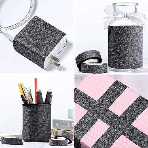 Zonon 4 Rolls 0.6 Inch x 11 Yards Glitter Washi Tape Crafting Glitter Masking Tape for Festival Decoration Scrapbooking, Journal, Planner, Gift Wrapping(Black)