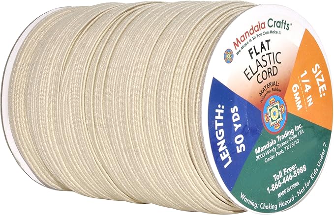 Mandala Crafts 6mm 50 Yds Roll of Cream Elastic Bands for Sewing - 1/4 Flat Elastics Cord - 1 4 Inch Braided Stretch Straps for Crafting
