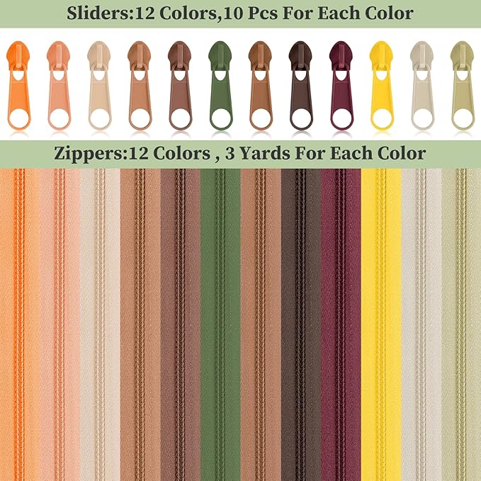Syhood 36 Yards 12 Pieces #5 Sewing Zippers Tapes Assorted Nylon Lightweight with 120 Plastic Zipper Sliders for Women Men Sewing Supplies(Autumn Color)