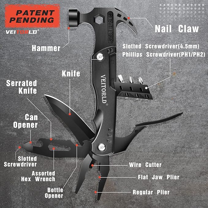 VEITORLD Christmas Stocking Stuffers, Gifts for Men Dad, Anniversary Birthday Gifts Idea for Him Husband Boyfriend, All in One Tools Hammer Multitool, Camping Hunting Hiking Xmas Presents, Cool Gadget