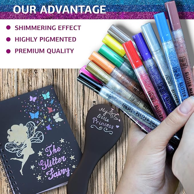 Acrylic Glitter Paint Marker Pens, Ultra Fine Point 0.7mm - Sparkle Paint Pens for Rock Painting, Stone, Ceramic Glass, Wood, Card Stock, Canvas, DIY Crafts - Set of 12