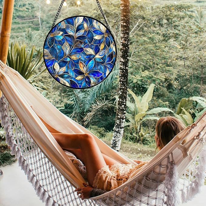 Stained Glass Window Hanging - Blue Gold Abstract Flowers Suncatcher for Door Terrace Garden Home Decor, Plant Sun Catcher Birthday Gifts for Lovers Women Men Dad Mom Nana 9.8 in