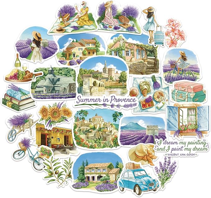 Navy Peony Summer in Provence Travel Stickers (28pcs) - Watercolor, France Lavender-Themed Vacation Decals for Scrapbooks, Water Bottle, Luggage