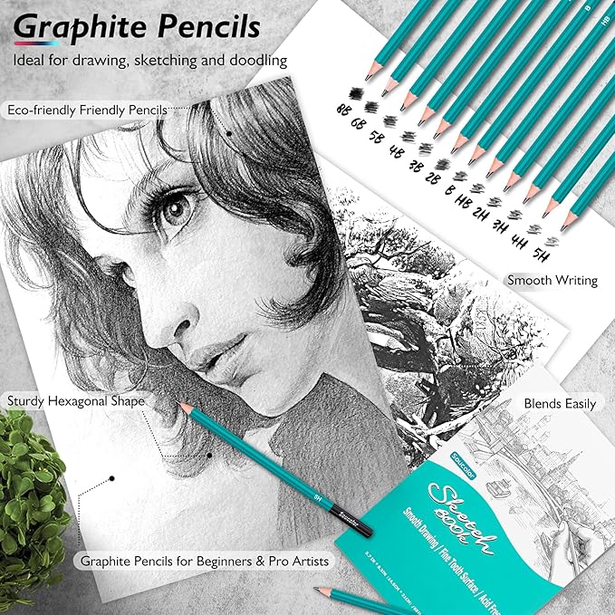 Soucolor 73 Pack Art Supplies Sketching Kit for Adults Gifts, Drawing Sketching Pencils with Sketchbook, Coloring Book, Colored Watercolor Metallic Graphite Charcoal Pencils