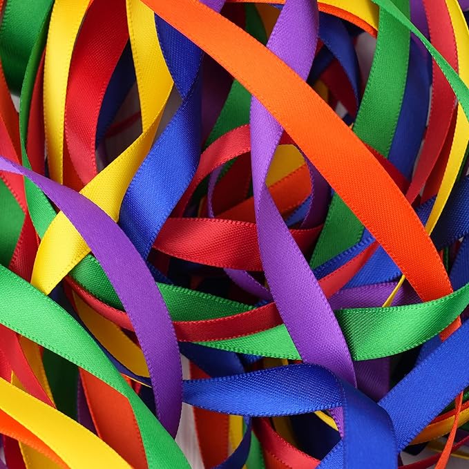 Colorful Rainbow Ribbon 3/8 Inch Thin Multicolor Rainbow Satin Ribbon 6 Rolls Assortment for Wedding Wrapping Invitation Card Crafts - 60Yards