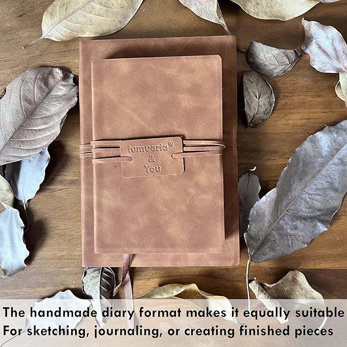 tumuarta Deckle Edge Watercolor Paper Journal Sketchbook, 100% Cotton Vintage Leather Notebook, 140 Lb, 300 GSM, 24 Sheets Handmade Diary for Mixed Media Techniques,7.5x5