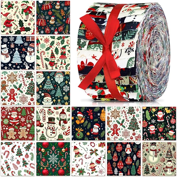 Ganeen 100 Pcs Christmas Elf Quilting Fabric Roll 2. 56 Inch Fabric Squares Jelly Patchwork Precut Strips Bundles for Holiday Materials Craft DIY Sewing Cloths