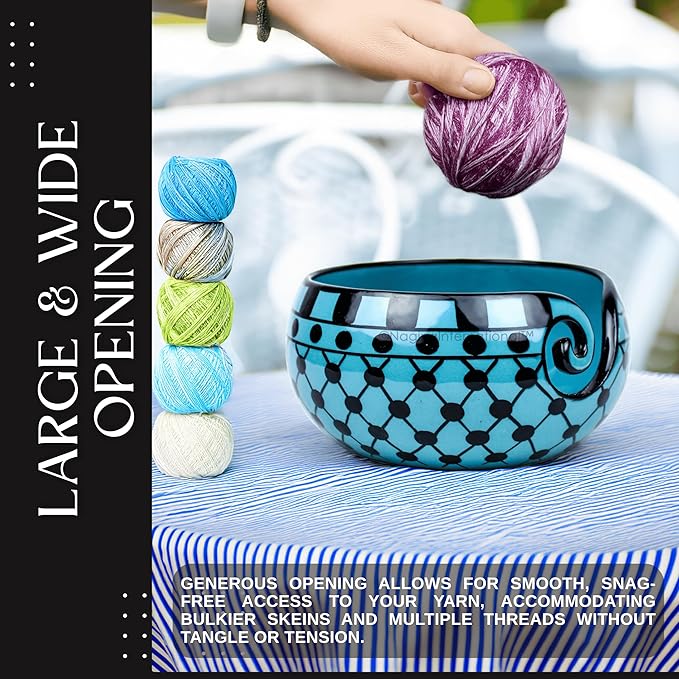 Nagina International Ceramic Attractively Hand Painted Gorgeous Stoneware Yarn Ball Storage Bowl With Innovative Dispensing Curl | Knitting & Crochet Accessions (Large, Dawn Blue)
