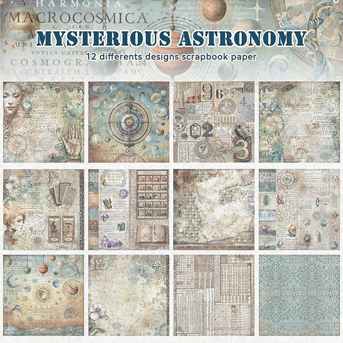 24 Sheets Scrapbook Paper, Vintage Decorative Scrapbook Supplies for Junk Journal Card Making Picture Art Collage DIY 6x6 inches, Astronomy theme