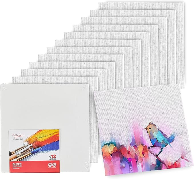 Artlicious Canvases for Painting - Pack of 12, 10 x 10 Inch Blank White Canvas Boards - 100% Cotton Art Panels for Oil, Acrylic & Watercolor Paint