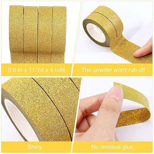 Zonon 4 Rolls 0.6 Inch x 11 Yards Glitter Washi Tape Crafting Glitter Masking Tape for Festival Decoration Scrapbooking, Journal, Planner, Gift Wrapping(Golden)