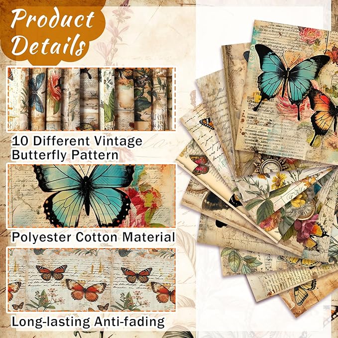 Hahafelt 10 Pcs Vintage Butterfly Fat Quarters Bundles 20 x 20 Inch Retro Fat Squares Quilting Fabric Butterfly Floral Precuts Printed Patchwork Supplies for Christmas DIY Sewing Craft