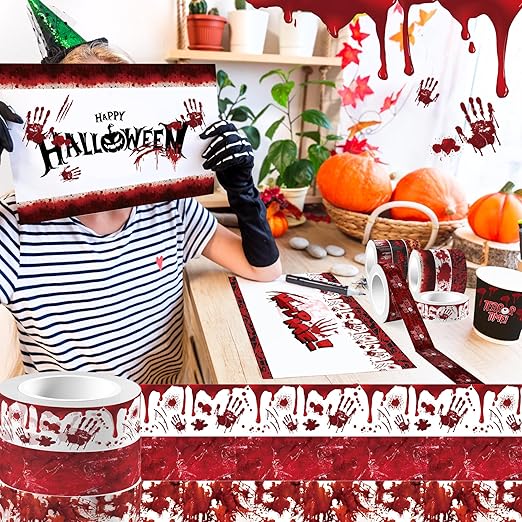 Adirasenotek Halloween Washi Tape Bloody Printing Tapes Spooky Bloodstain Pattern Masking Tapes 12 Rolls,for Gifts Wrapping DIY Art Crafts Wrapping Decor