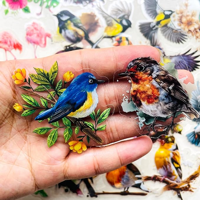 180 Pcs Transparent Flower Bird Stickers – Watercolor Floral Scrapbooking Supplies with Hummingbirds, Flamingos, Parrots – Clear Nature Stickers for Journals & Resin Art Crafts